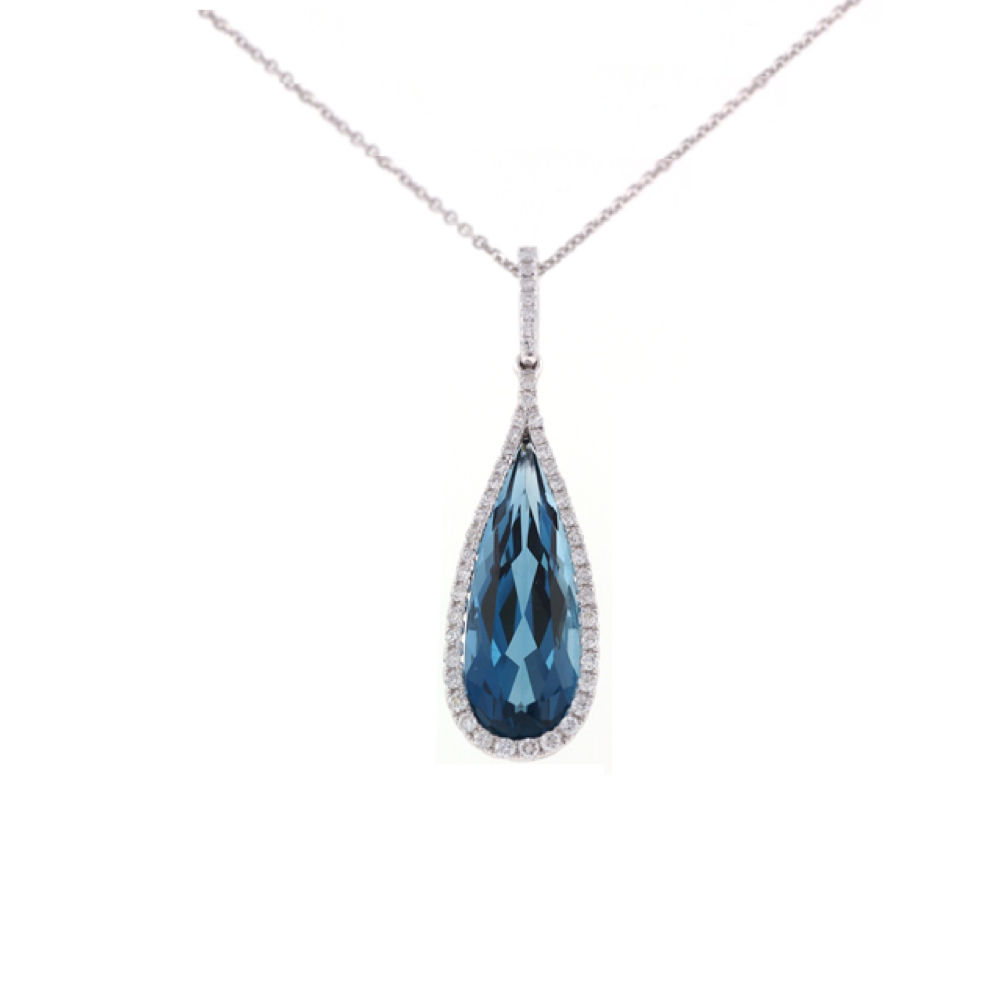 James Free 14K Gold London Blue Topaz and Diamond Halo Pendant Necklace