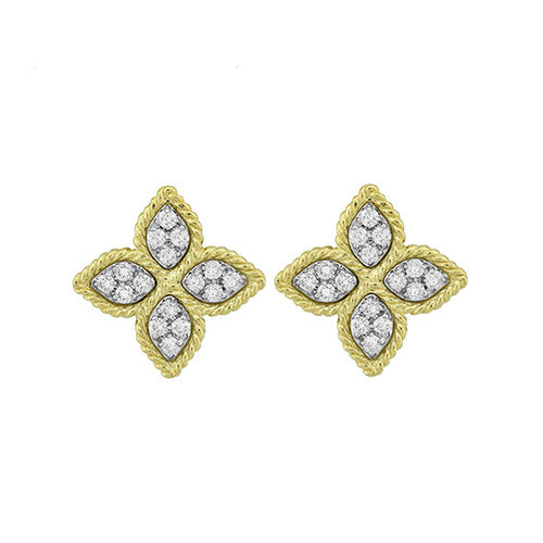 Roberto Coin Princess Medium Diamond Flower Earrings in 18K Yellow Gold