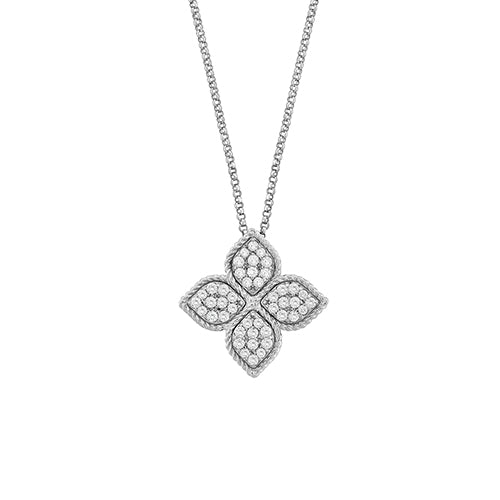 Roberto Coin Princess Large Diamond Flower Pendant Necklace in 18K White Gold