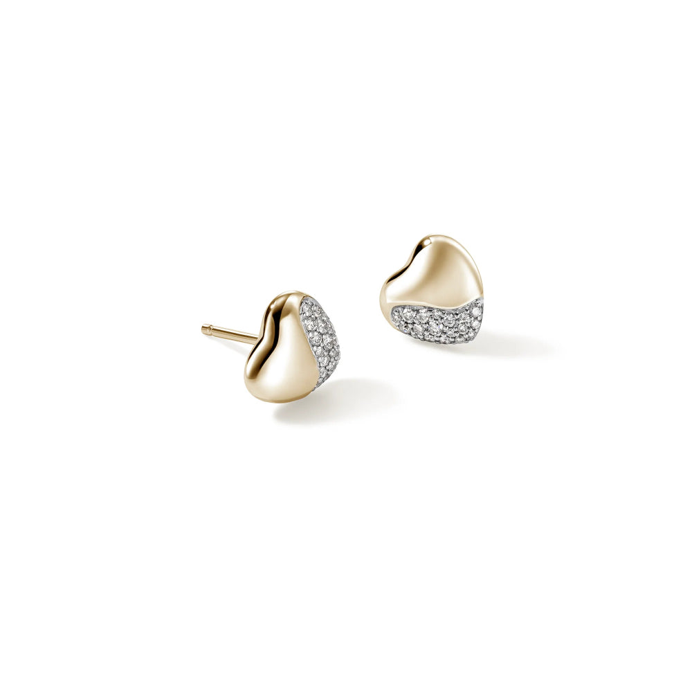 14K Gold Pebble Heart Pave Diamond Earrings