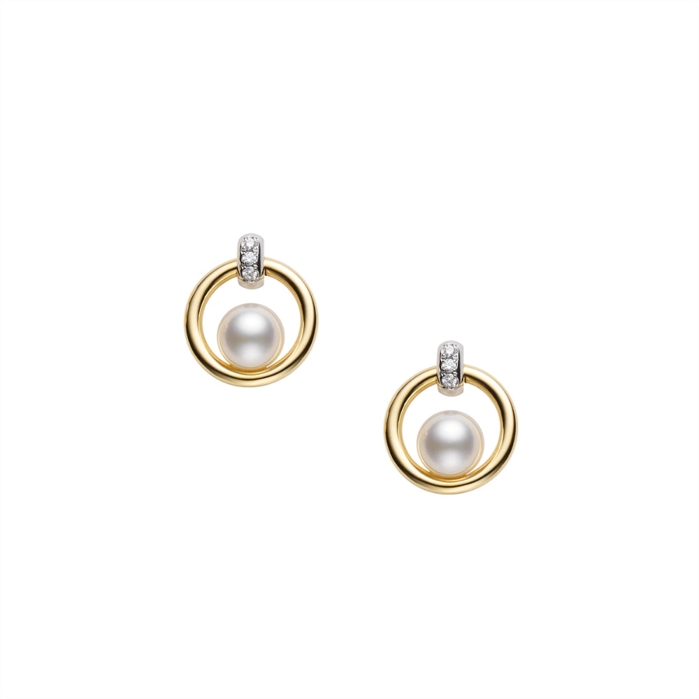 18K Gold Akoya Cultured Pearl and Diamond Circle Earrings