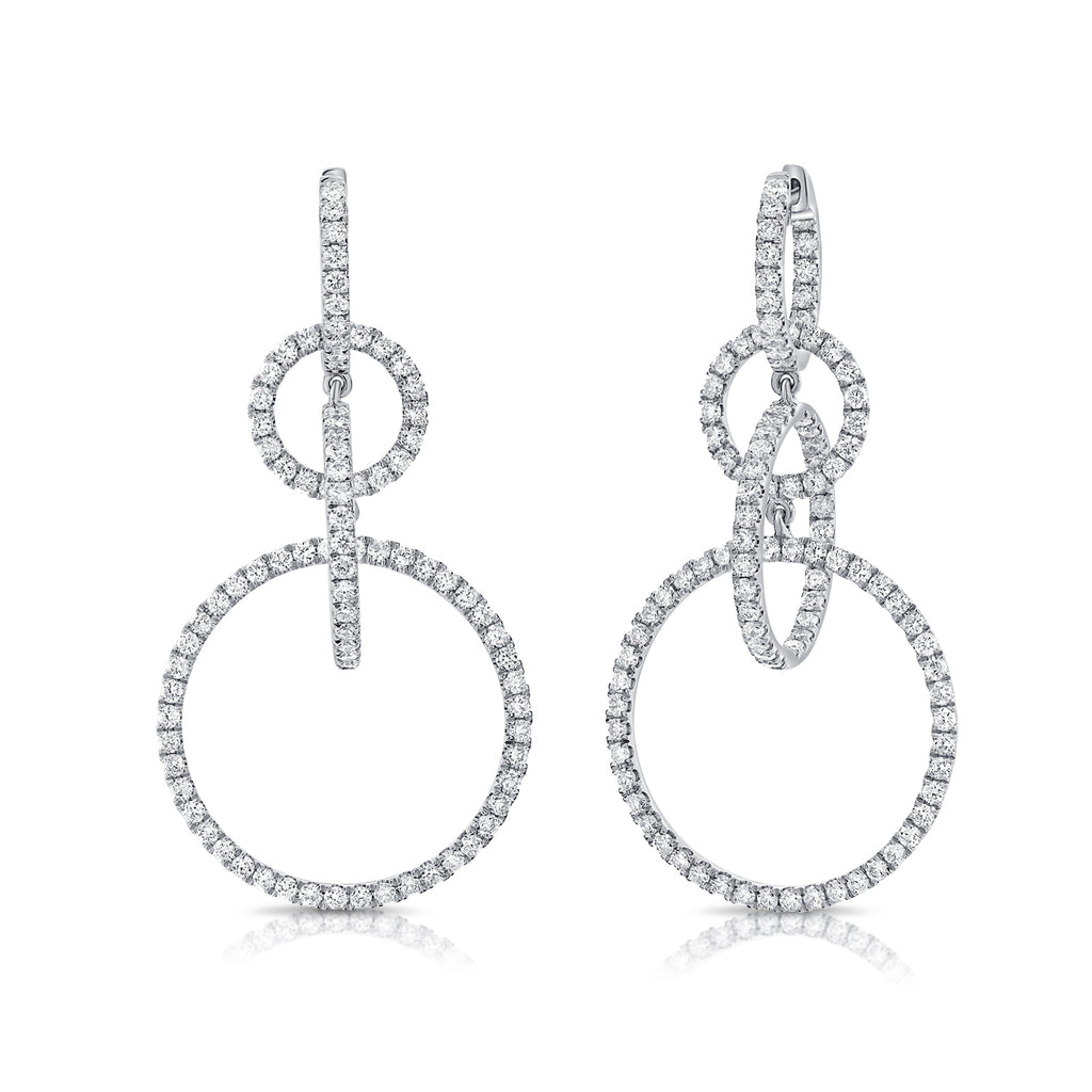 14K White Gold Triple Diamond Circle Dangle Earrings 
