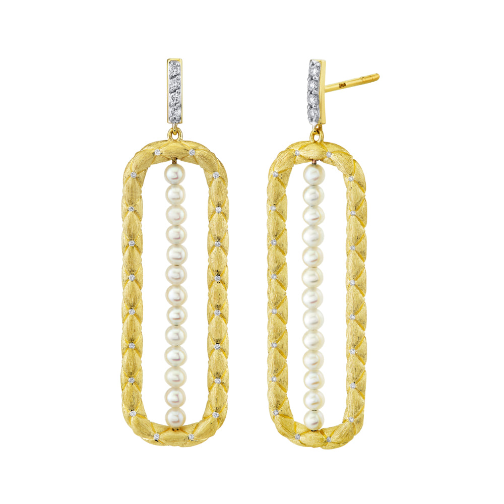 18K Gold Quilted Frame With Pearl Center Earrings