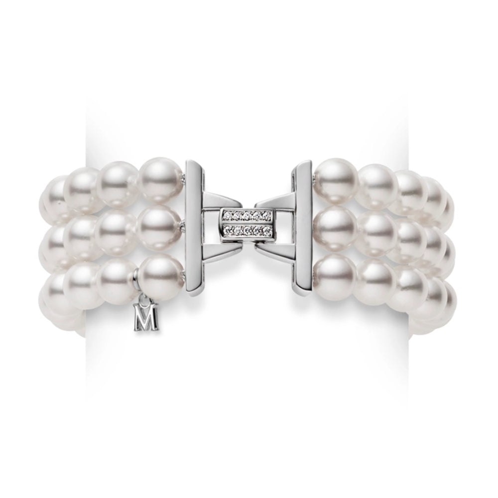 18K White Gold 3 Row Akoya Pearl and Diamond Clasp Bracelet 