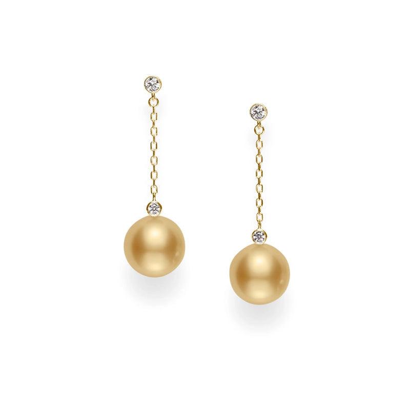 18K Gold Golden South Sea Cultured Pearl and Diamond Drop Earrings