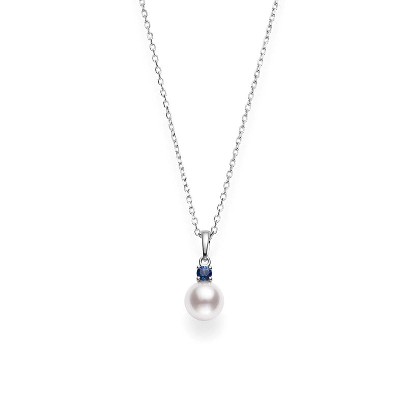 18K White Gold Single Akoya Pearl and Sapphire Pendant Necklace