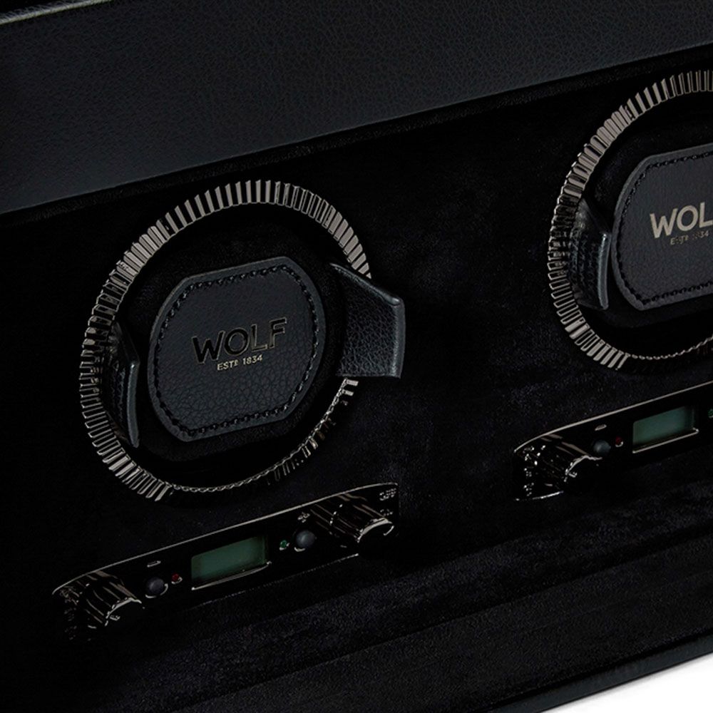 WOLF British Black Racing Double Watch Winder With Storage