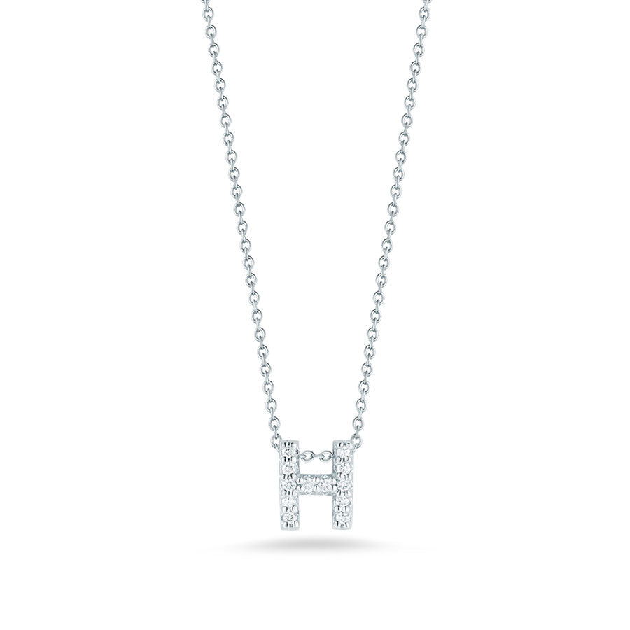 Roberto Coin Tiny Treasures Love Letter Diamond H Initial Necklace in 18K White Gold