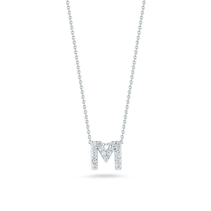 Roberto Coin Tiny Treasures Love Letter Diamond M Initial Necklace in 18K White Gold