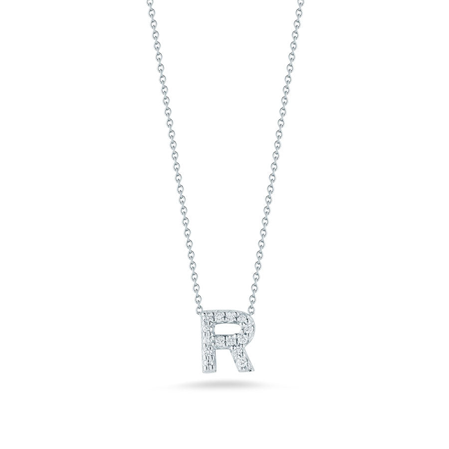 Roberto Coin Tiny Treasures Love Letter Diamond R Initial Necklace in 18K White Gold