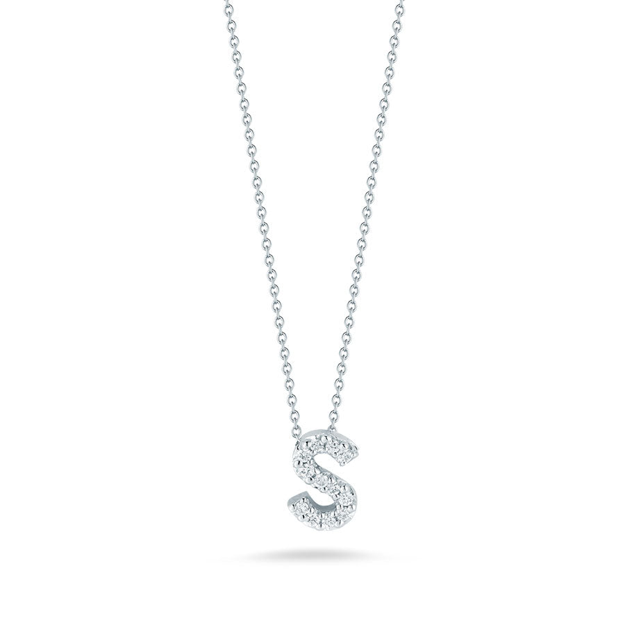 Roberto Coin Tiny Treasures Love Letter Diamond S Initial Necklace in 18K White Gold