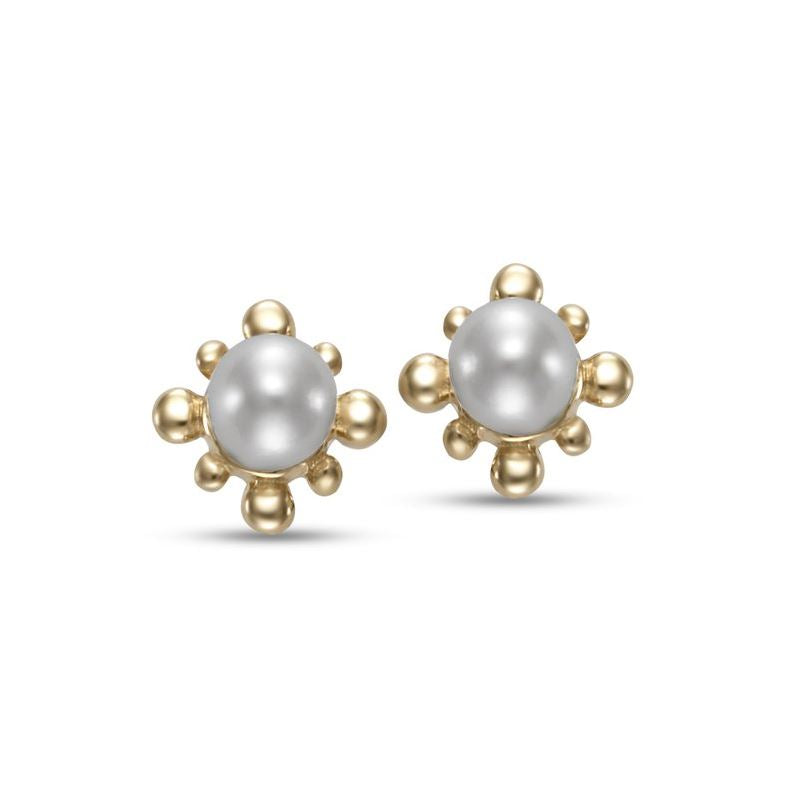 14K Gold Pearl Stud Earrings with Sunburst Halo