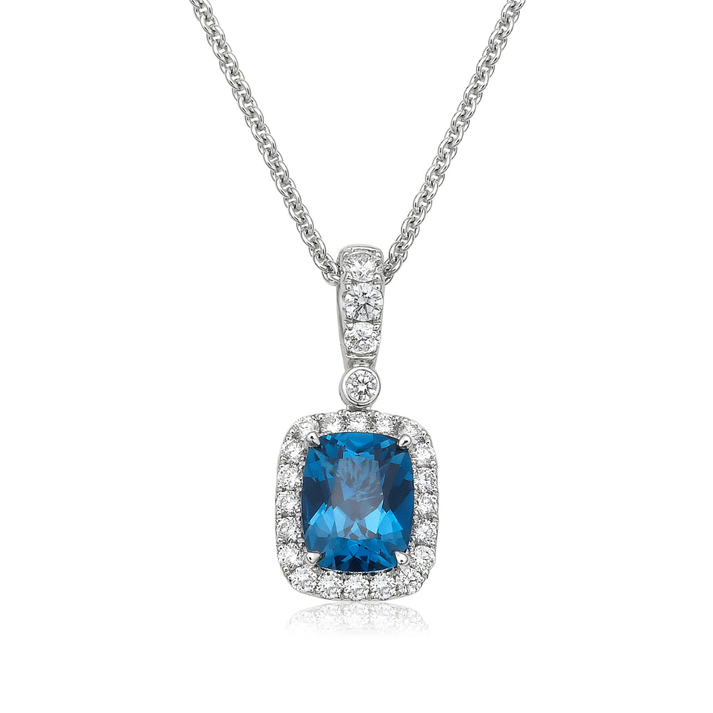 18K Gold Cushion London Blue Topaz Pendant with Diamond & Sapphire