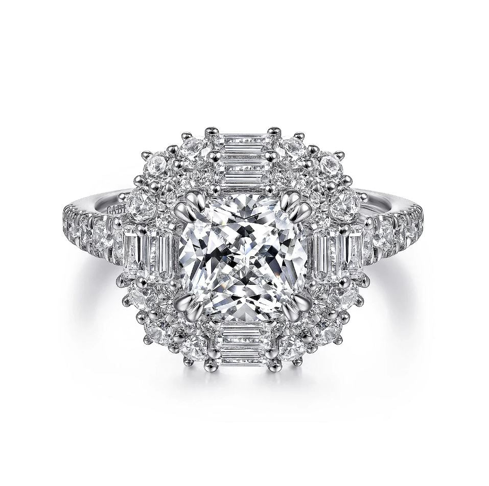 14K White Gold Double Diamond Halo Vintage Engagement Ring Setting-SEMI MOUNT