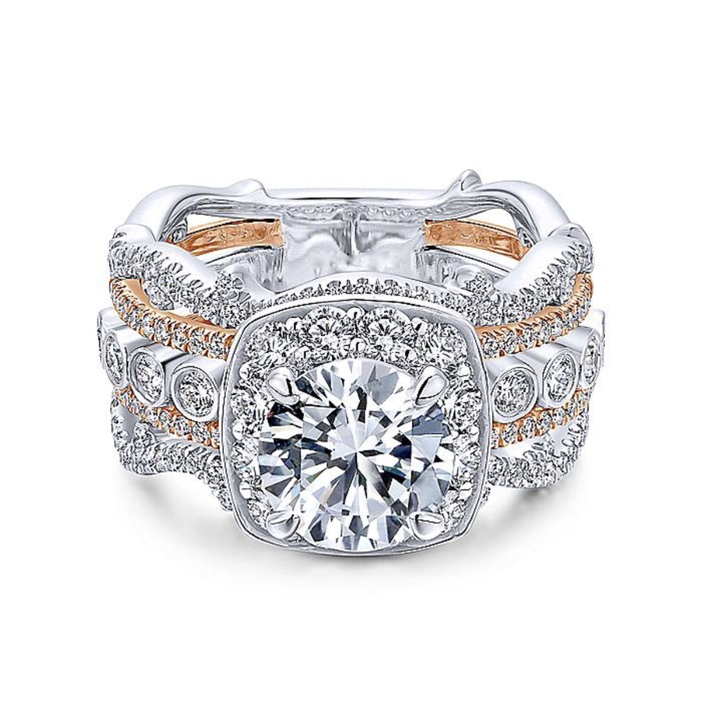 James Free 14K White & Rose Gold Vintage 5 Row Diamond Engagement Ring Setting