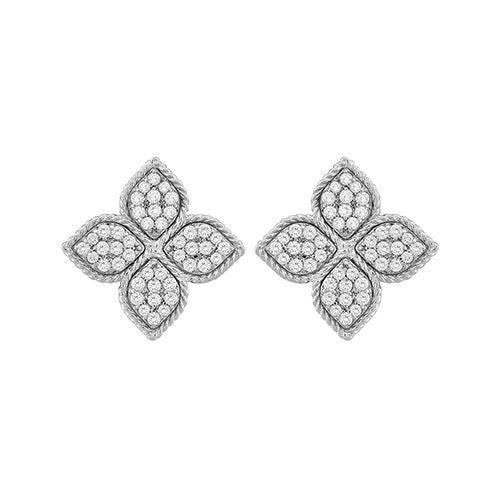 Roberto Coin Princess Medium Diamond Flower Earrings in 18K White Gold