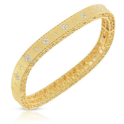 Roberto Coin Princess Satin Finish Slim Fleur De Lis Diamond Bangle in 18K Yellow Gold