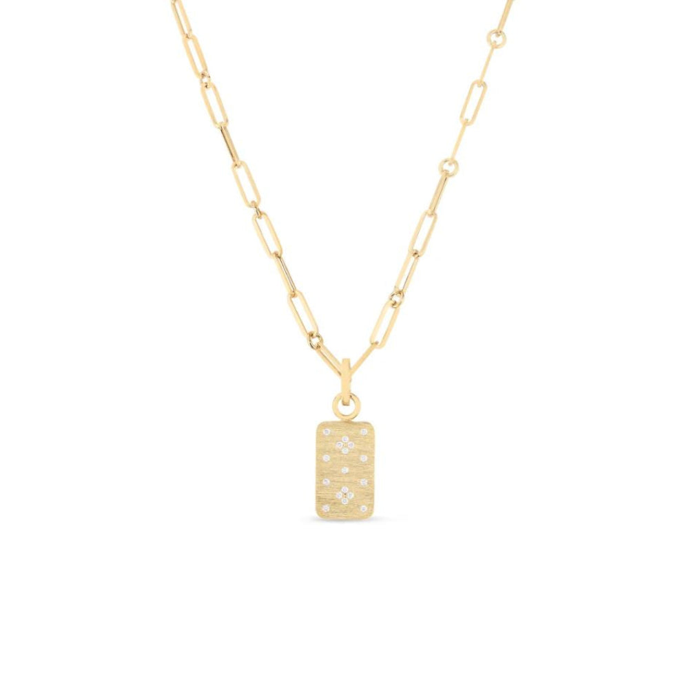 18K Gold Gold Venetian Princess Diamond Dog Tag Medallion on Paperclip Necklace