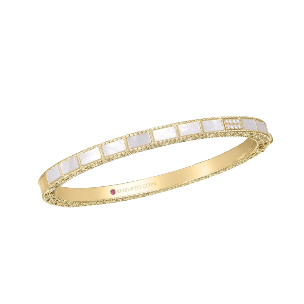18K Gold Mosaic Mother Of Pearl Diamond Bangle