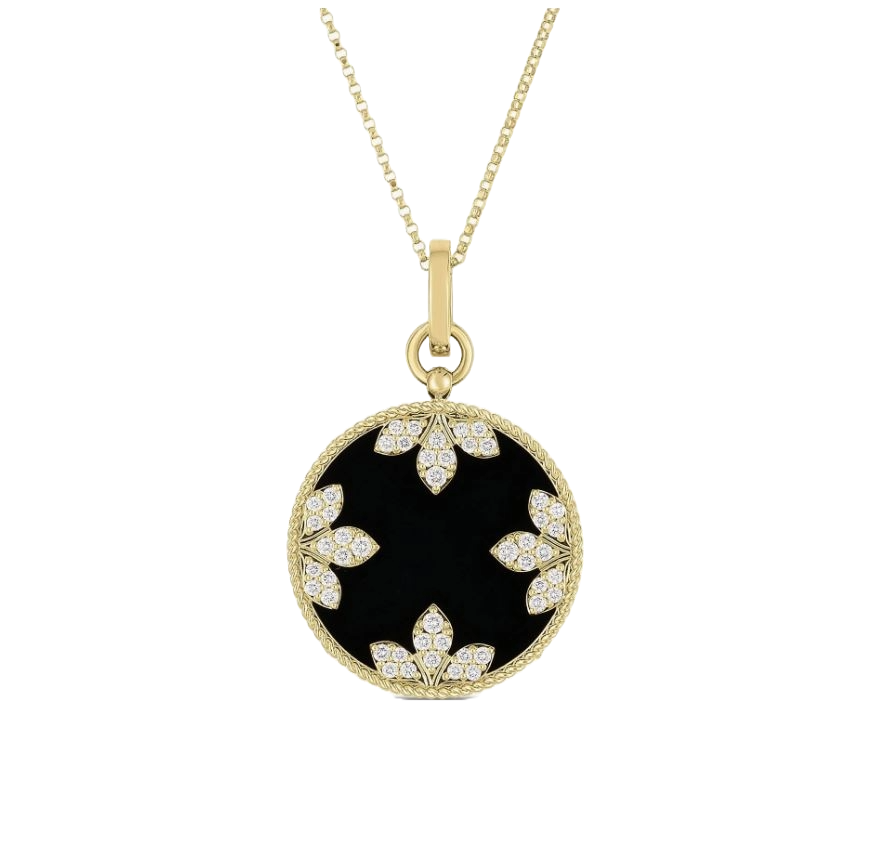 18K Gold Venetian Medallion Diamond & Black Jade Large Pendant Necklace