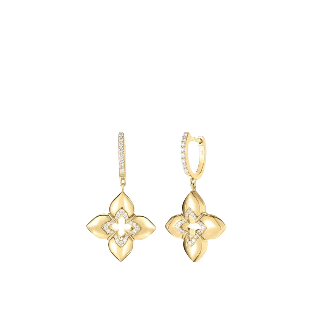 18K Gold Venetian Princess Open Flower Diamond Dangle Earrings