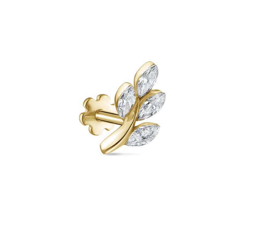 18K Gold Diamond Vine Threaded Stud Earring 8MM Diamond Length