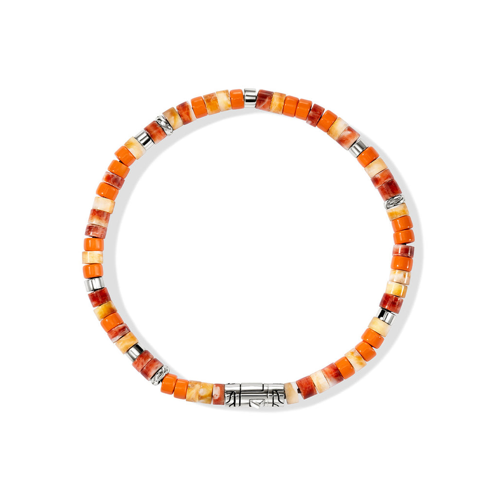 Sterling Silver Heishi Full Beaded Bracelet with 4mm Orange & Red Spiny Oyster Shell and Enamel Beads