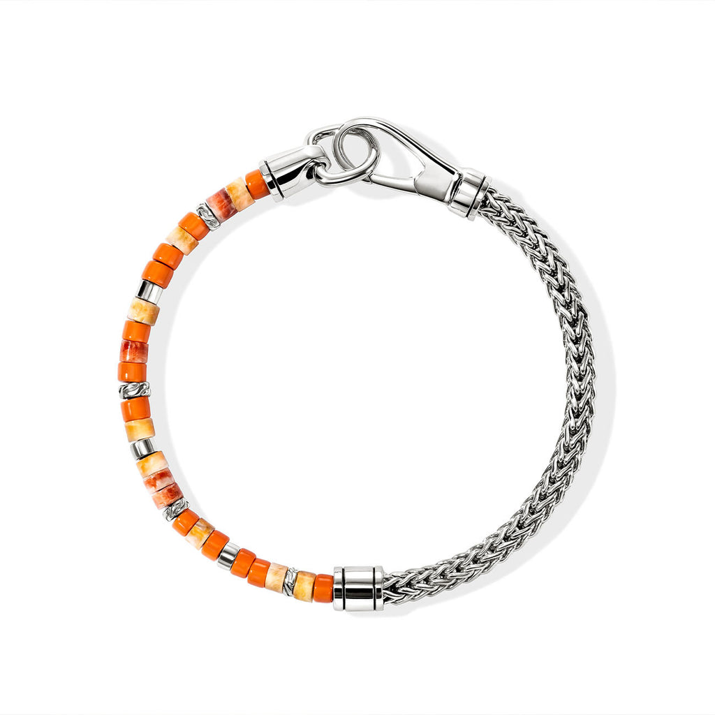 Sterling Silver Heishi Beaded Bracelet with 4.5mm Orange & Red Spiny Oyster Shell and Enamel Beads