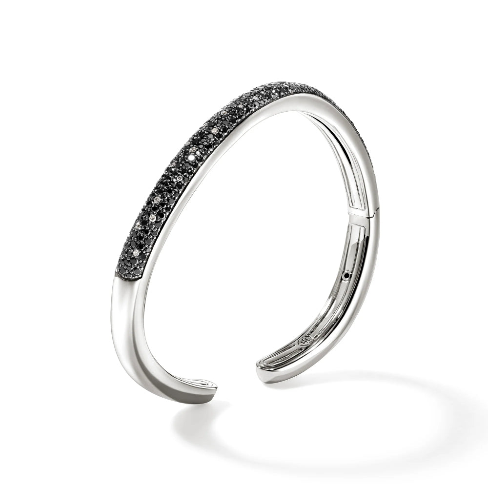 Sterling Silver Surf Black Sand Diamond Pave Slim Hinged Cuff 