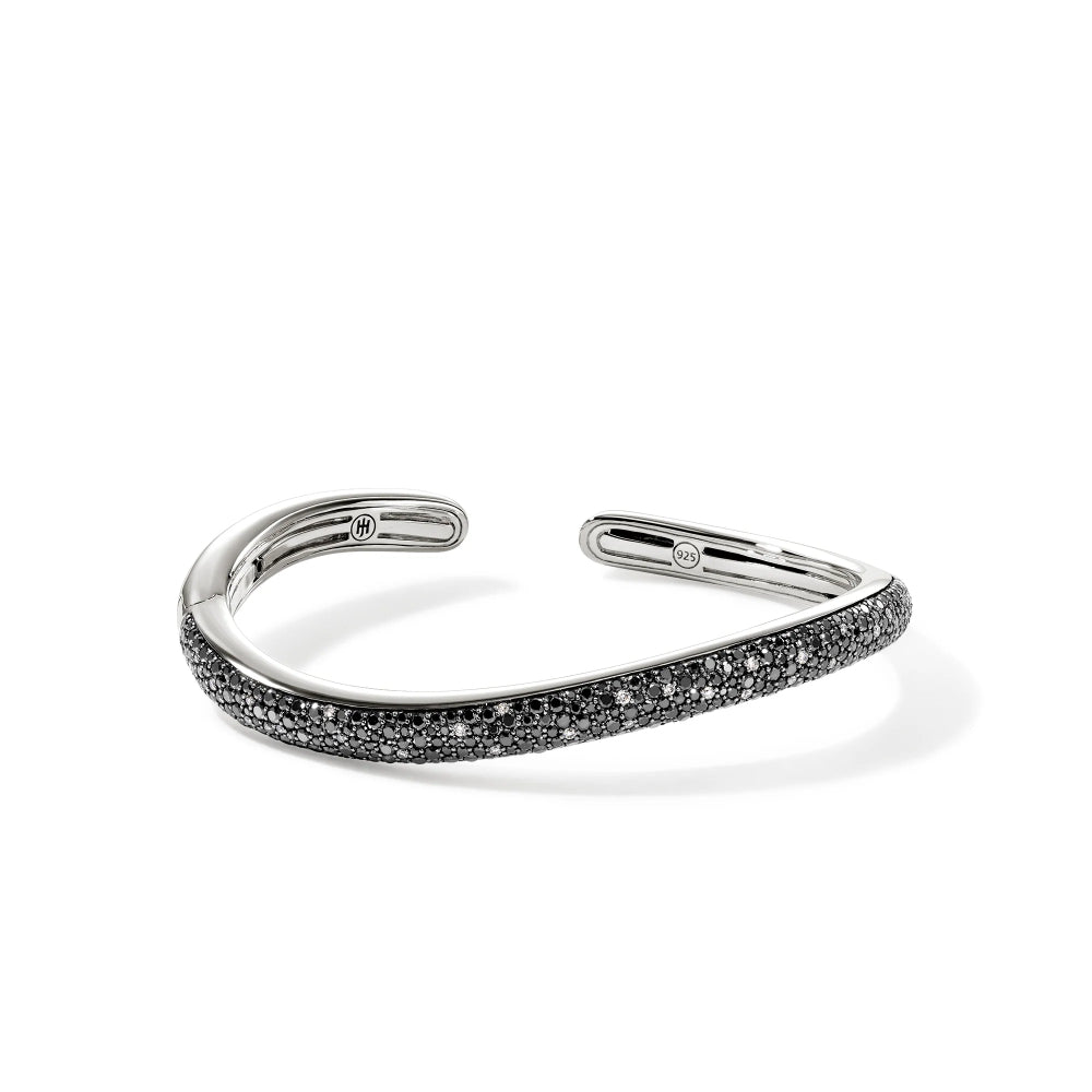 Sterling Silver Surf Black Sand Diamond Pave Slim Hinged Cuff 