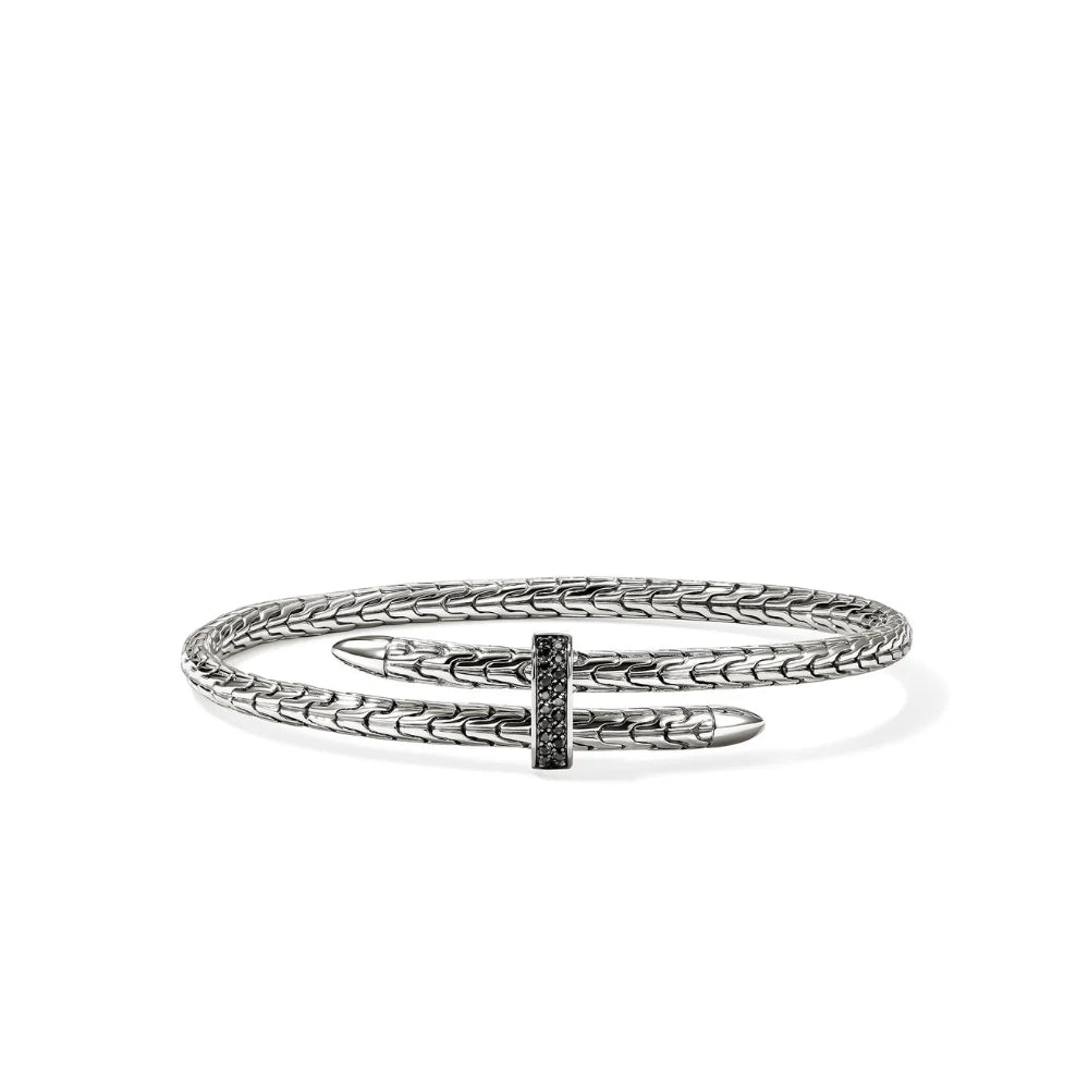 Sterling Silver Spear 4MM Bypass Flex Cuff Black Sapphire Bracelet