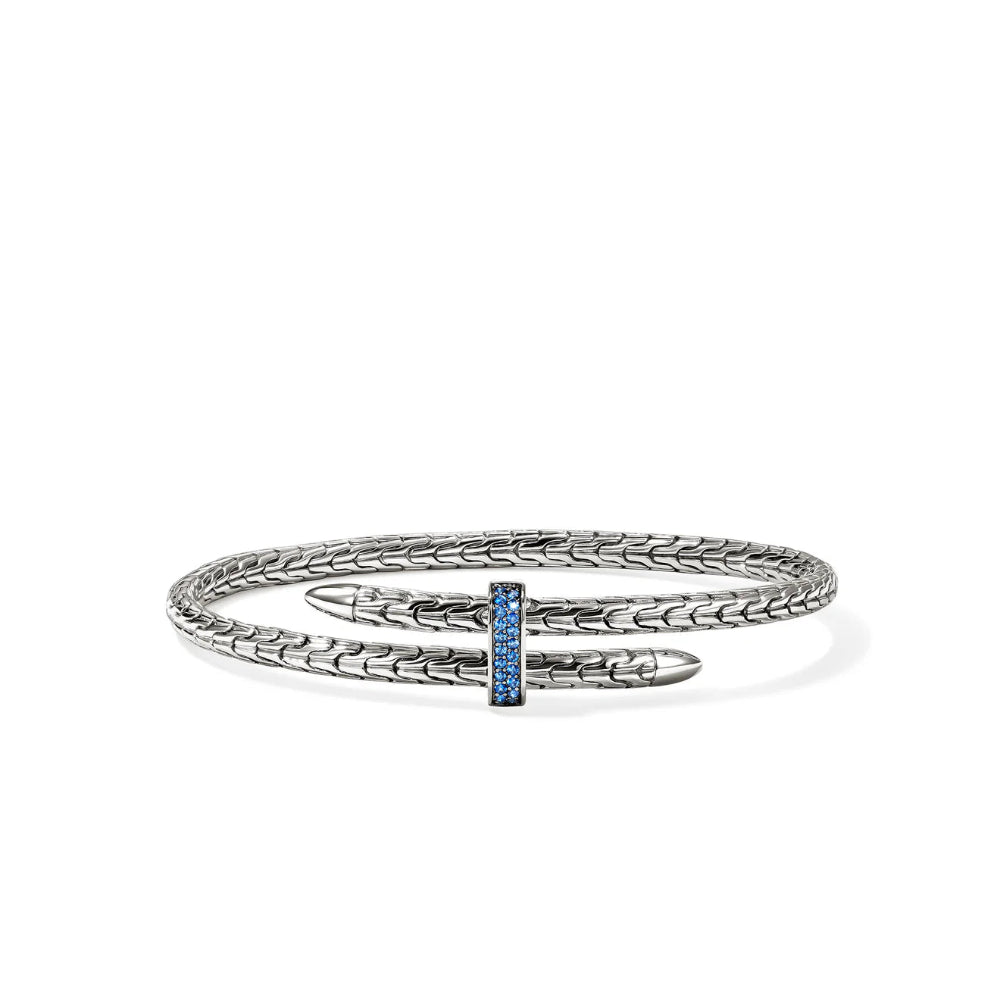 Sterling Silver Spear 4MM Bypass Flex Cuff Blue Sapphire Bracelet