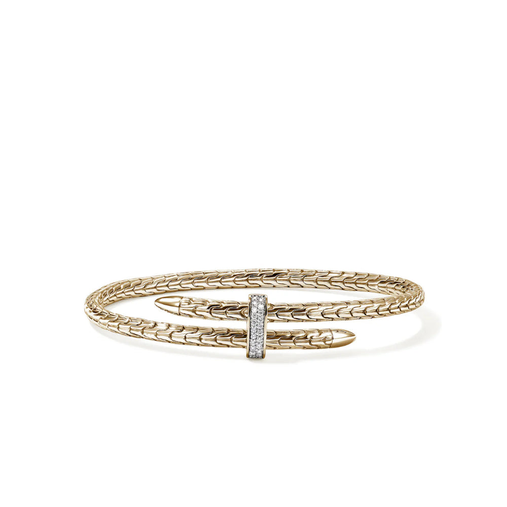 14K Gold Spear 4MM Bypass Flex Cuff Diamond Bracelet John Hardy