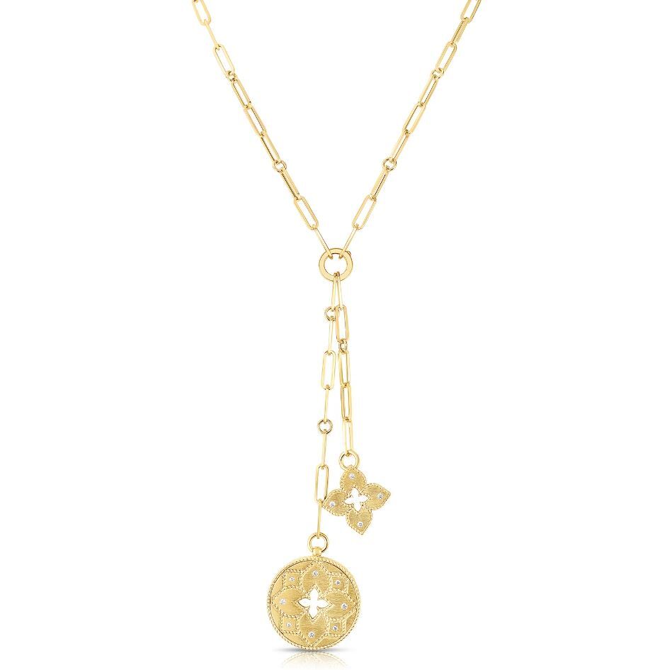 18K Yellow Gold Venetian Princess Double Diamond Medallion Necklace