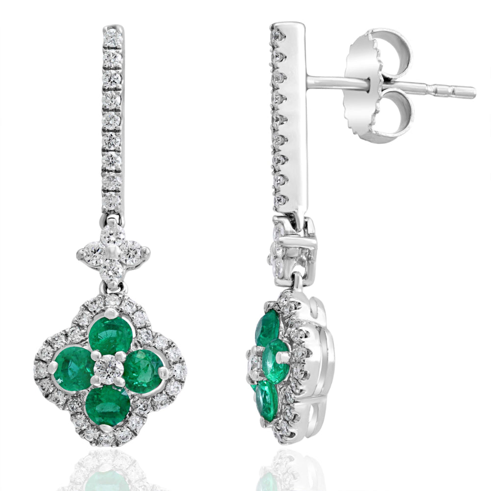 James Free 18K Gold Emerald and Diamond Drop Flower Earrings 