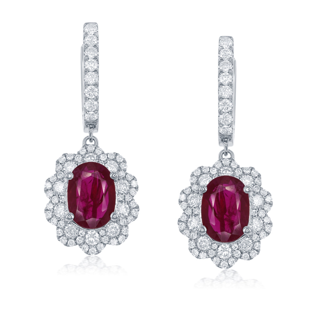 18K Gold Ruby And Diamond Halo Drop Earrings