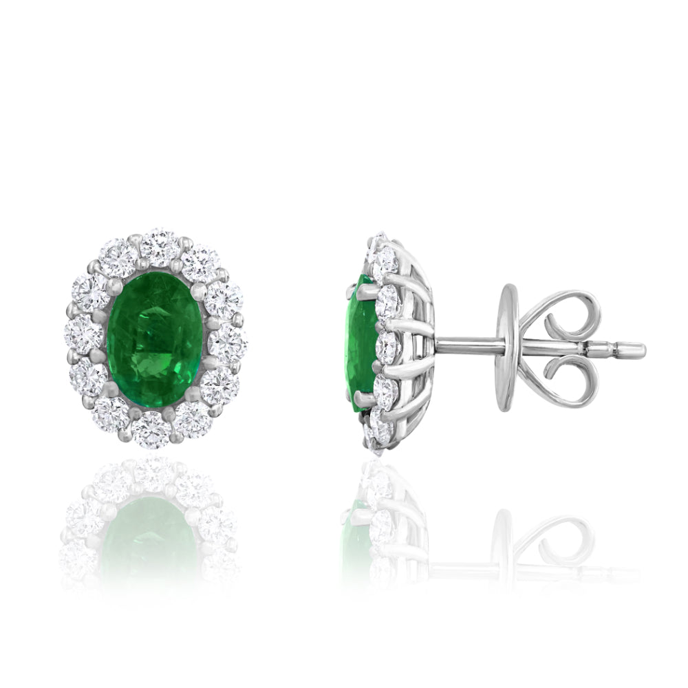 18K Gold Emerald and Diamond Halo Stud Earrings