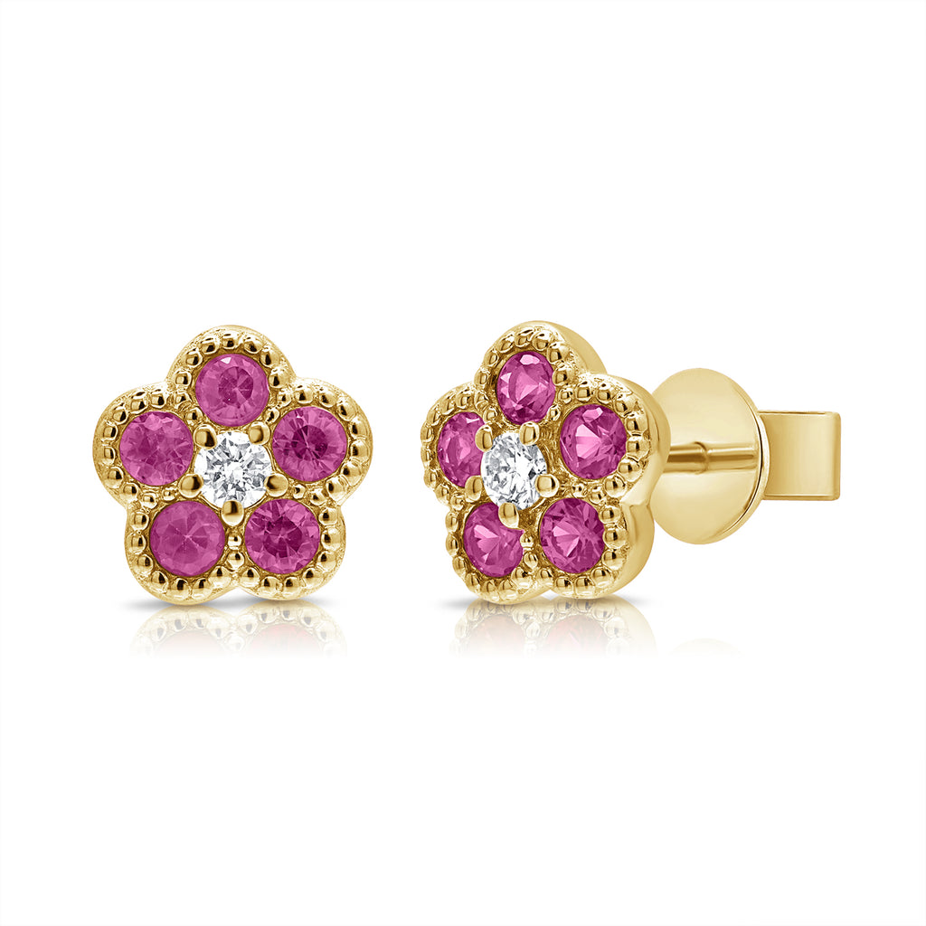 14K Gold Gemstone Flower Stud Earrings 