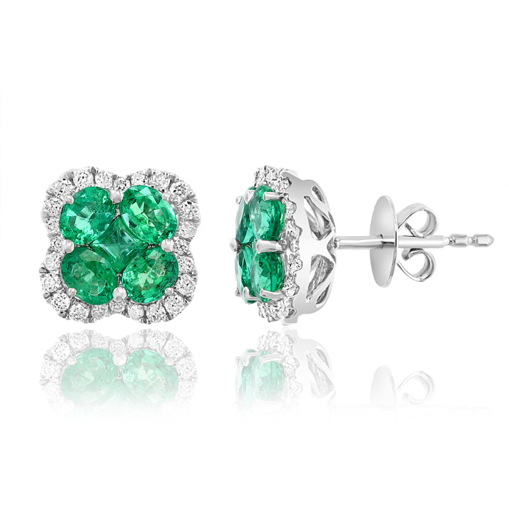 18K Gold Emerald and Diamond Flower Stud Earrings