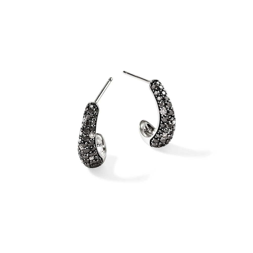 Sterling Silver Surf Black Sand Diamond Pave Hoop Earrings 