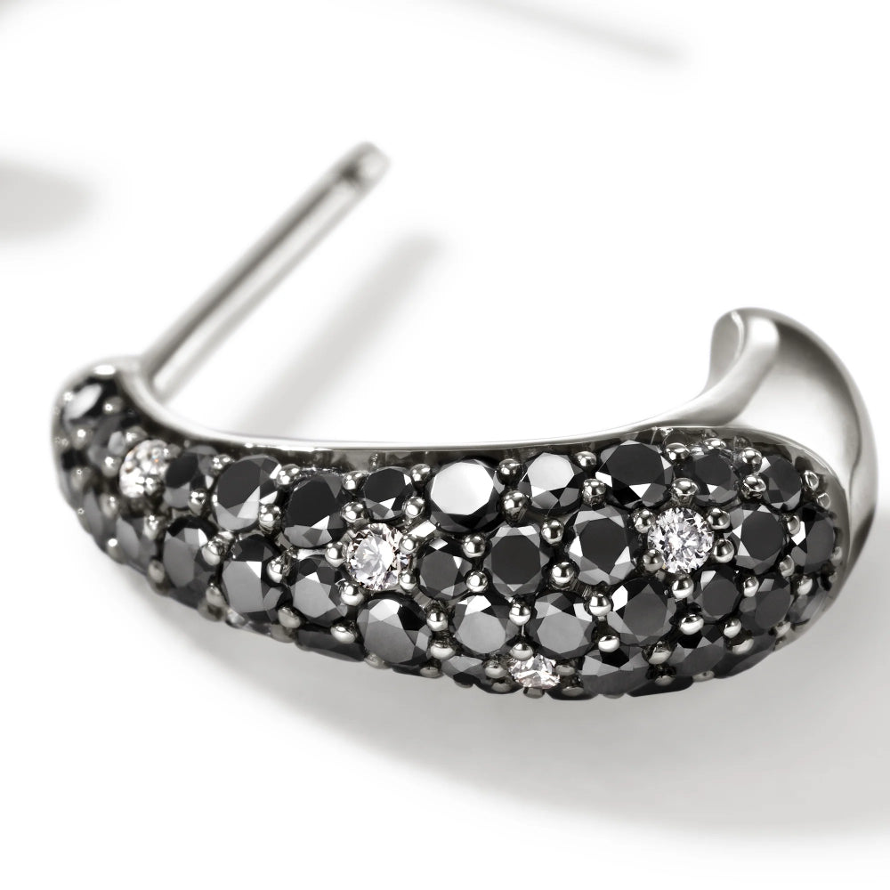 Sterling Silver Surf Black Sand Diamond Pave Hoop Earrings 