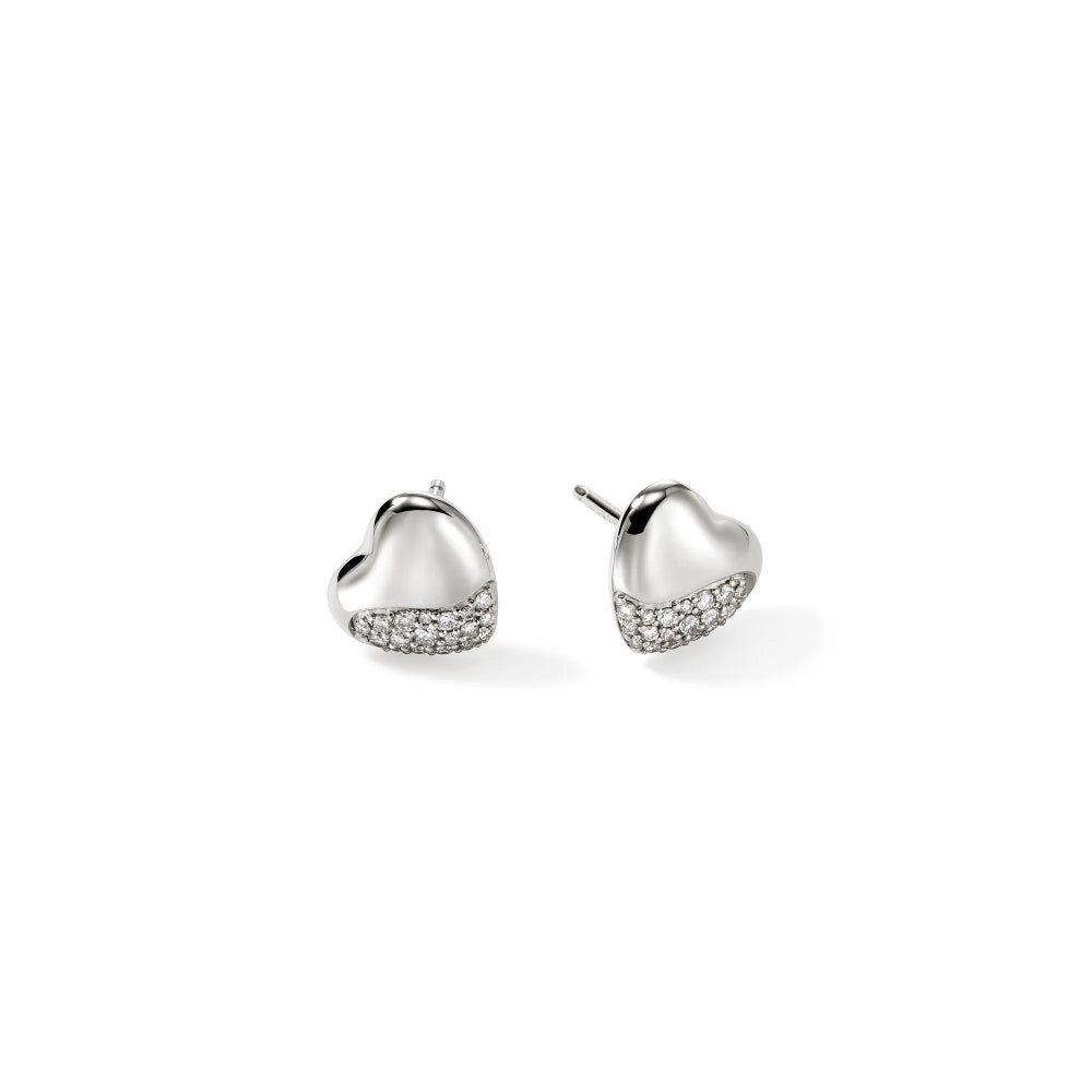 Sterling Silver Pebble Heart Pave Diamond Earrings
