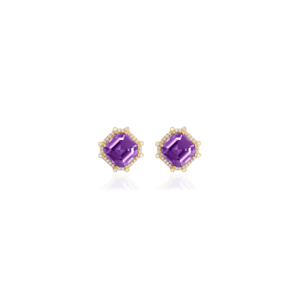 18K Gold Gossip Gemstone & Diamond Crown Bezel Stud Earrings