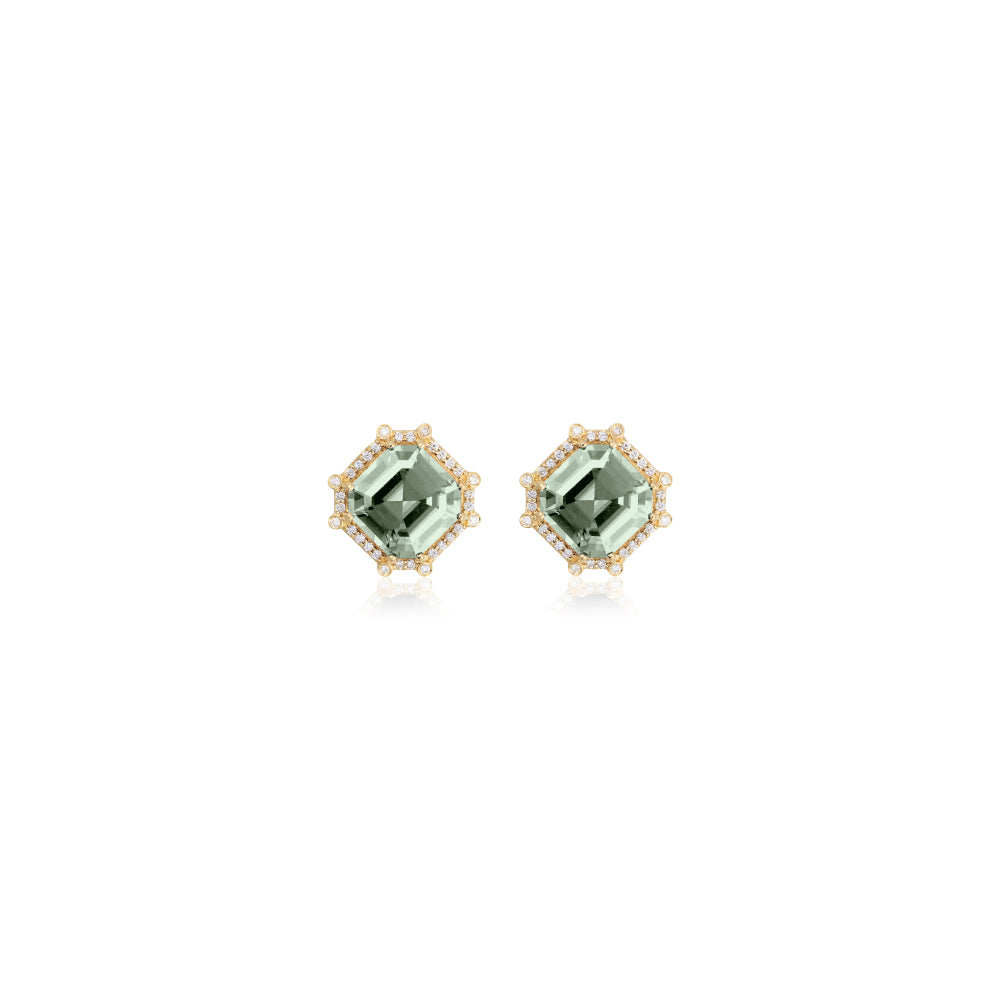 18K Gold Gossip Gemstone & Diamond Crown Bezel Stud Earrings