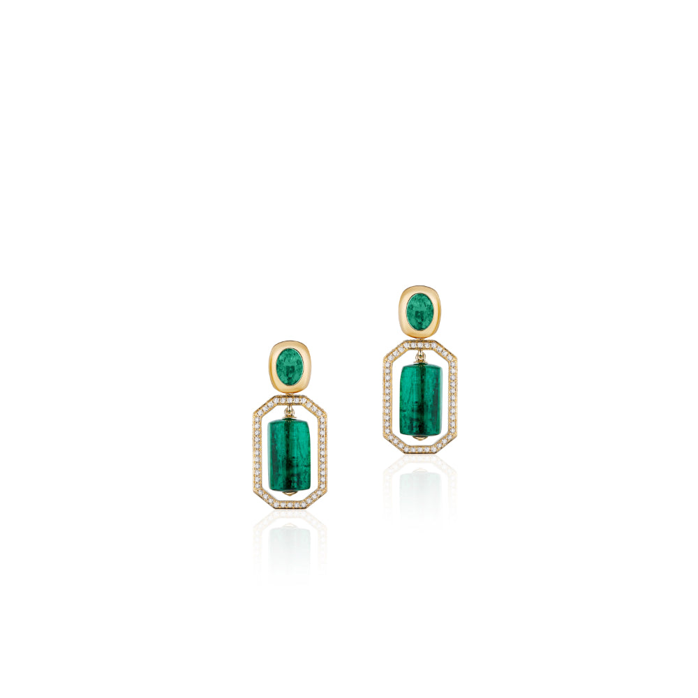 18K Gold G-One Tumbled Emerald & Diamond Drop Earrings