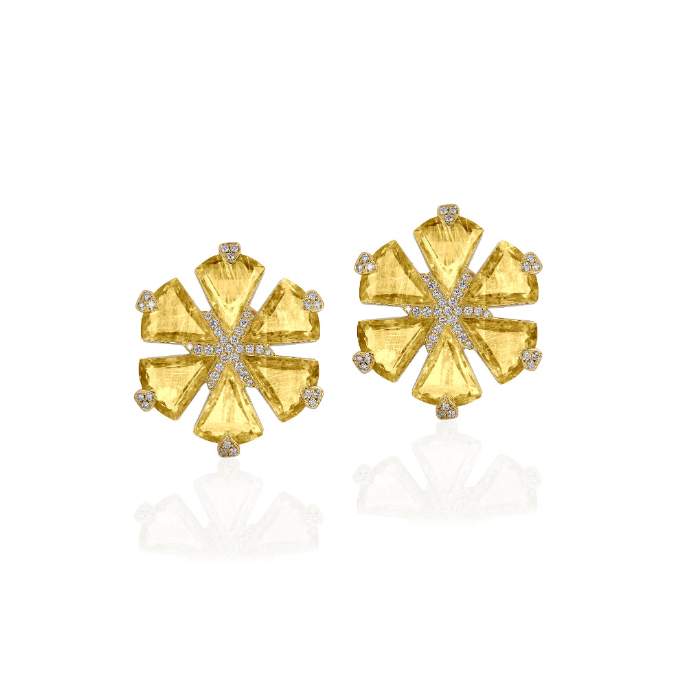 18K Gold Limited Edition Rutilated Quartz Trillion Flower Diamond Earrings