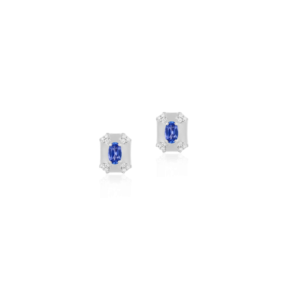 18K Gold Queen Rectangular Shaped Stud Earrings with Sapphire & Diamond