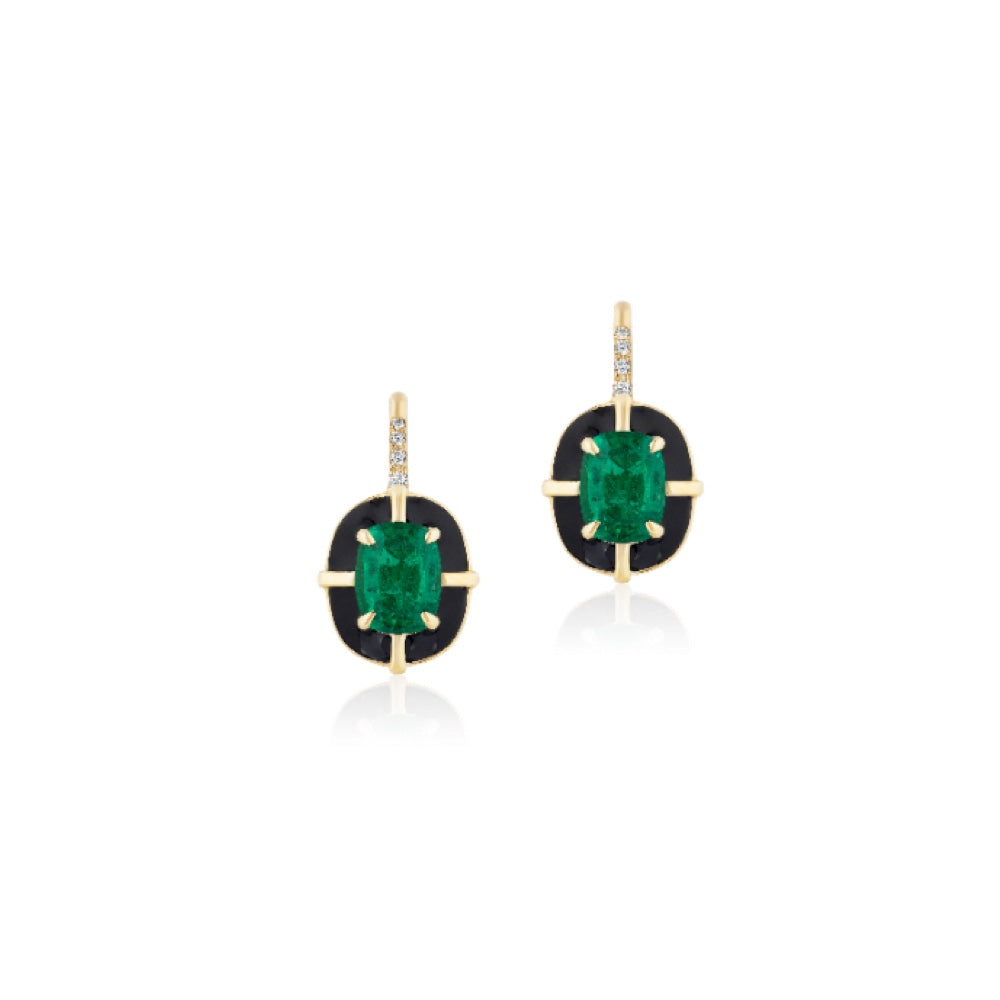 18K Gold Queen Emerald & Black Enamel Earrings