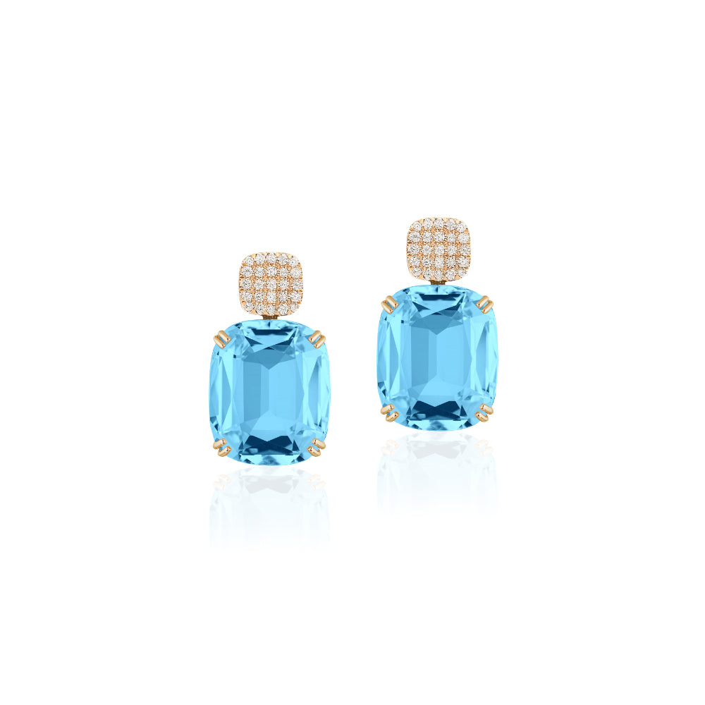 18K Gold Gossip Topaz Cushion Drop Earrings with Diamonds