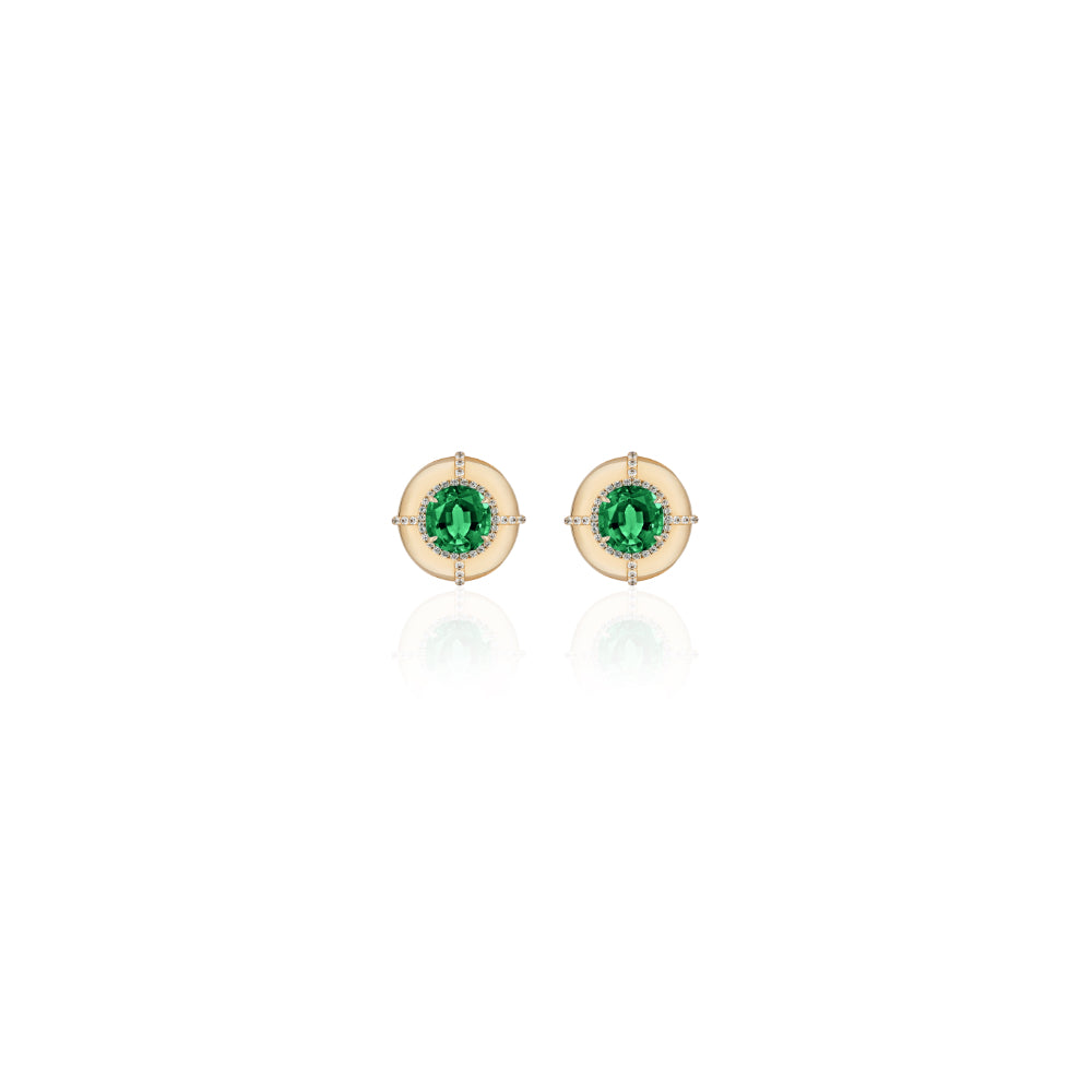 18K Gold Limited Edition Emerald Round Medallion Stud Earrings with Diamonds